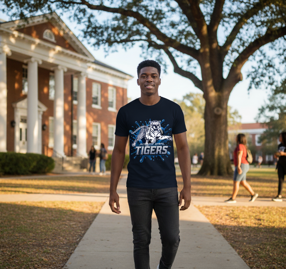 Black man wearing a navy blue Blue Blitz t-shirt on a college campus