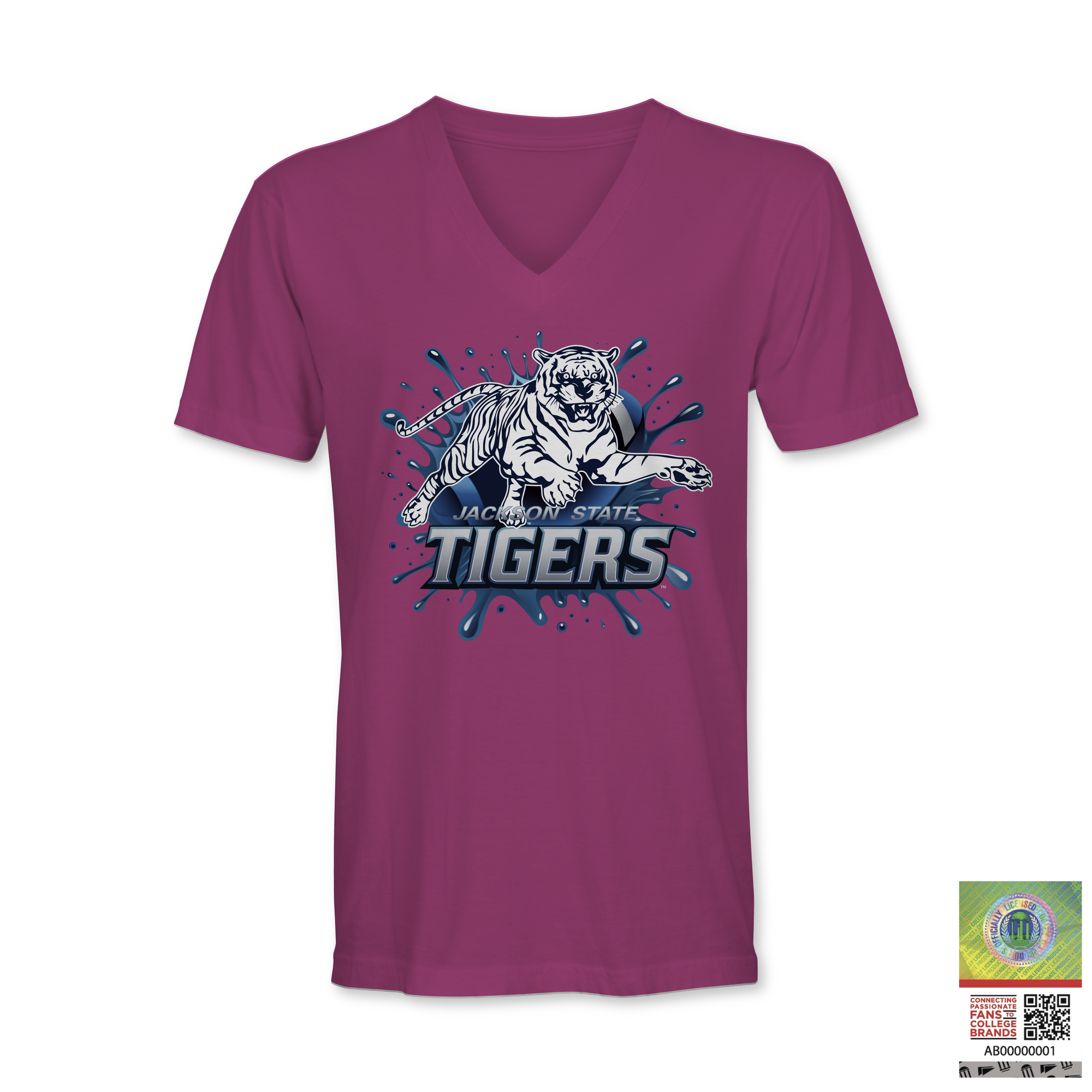Maroon V-neck short sleeve T-shirt with blue tiger “TIGERS” logo graphic