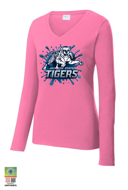 Pink Jackson State Tigers long-sleeve V-neck shirt with blue splash logo