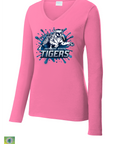 Pink Jackson State Tigers long-sleeve V-neck shirt with blue splash logo