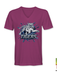 Maroon V-neck short sleeve T-shirt with blue tiger “TIGERS” logo graphic