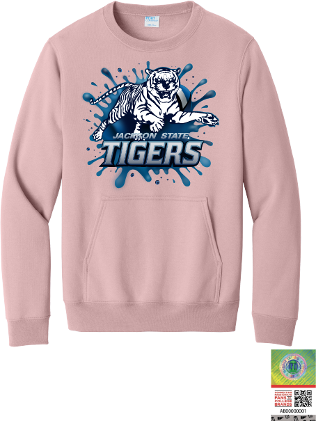 Blush pink Jackson State Tigers pullover sweatshirt with kangaroo pocket and blue splash logo
