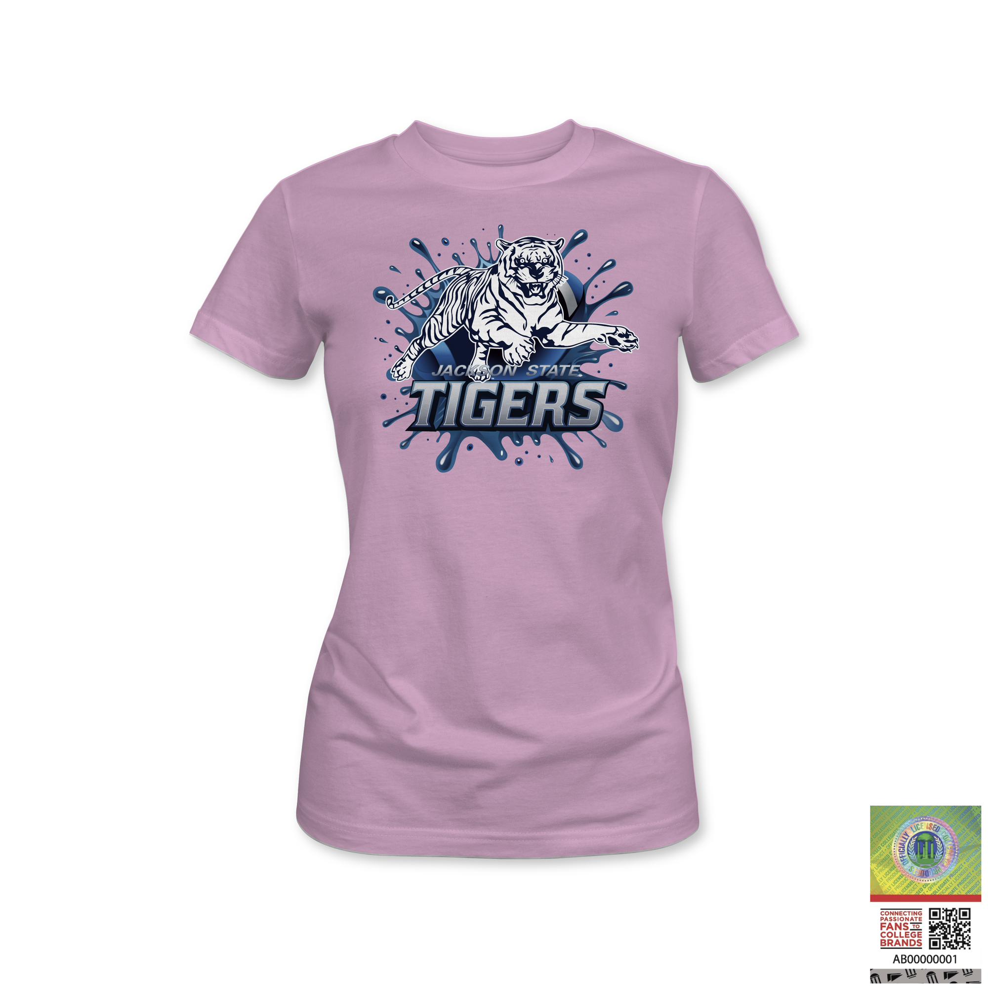 Lavender Jackson State Tigers short-sleeve T-shirt with blue splash graphic
