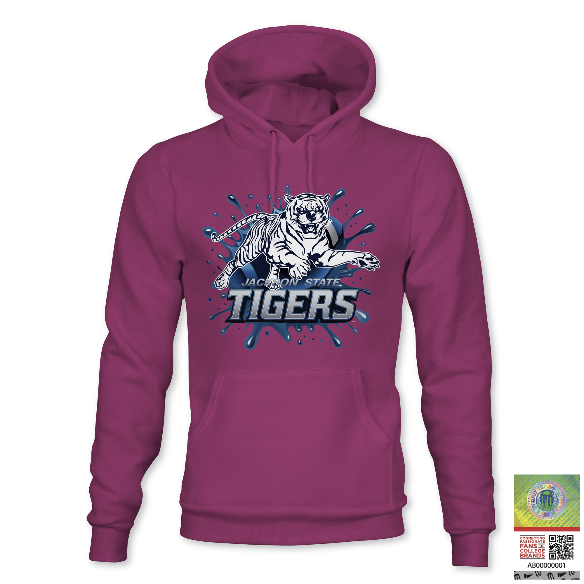 Pullover hoodie in purple with Tiger graphic and “TIGERS” logo on the chest