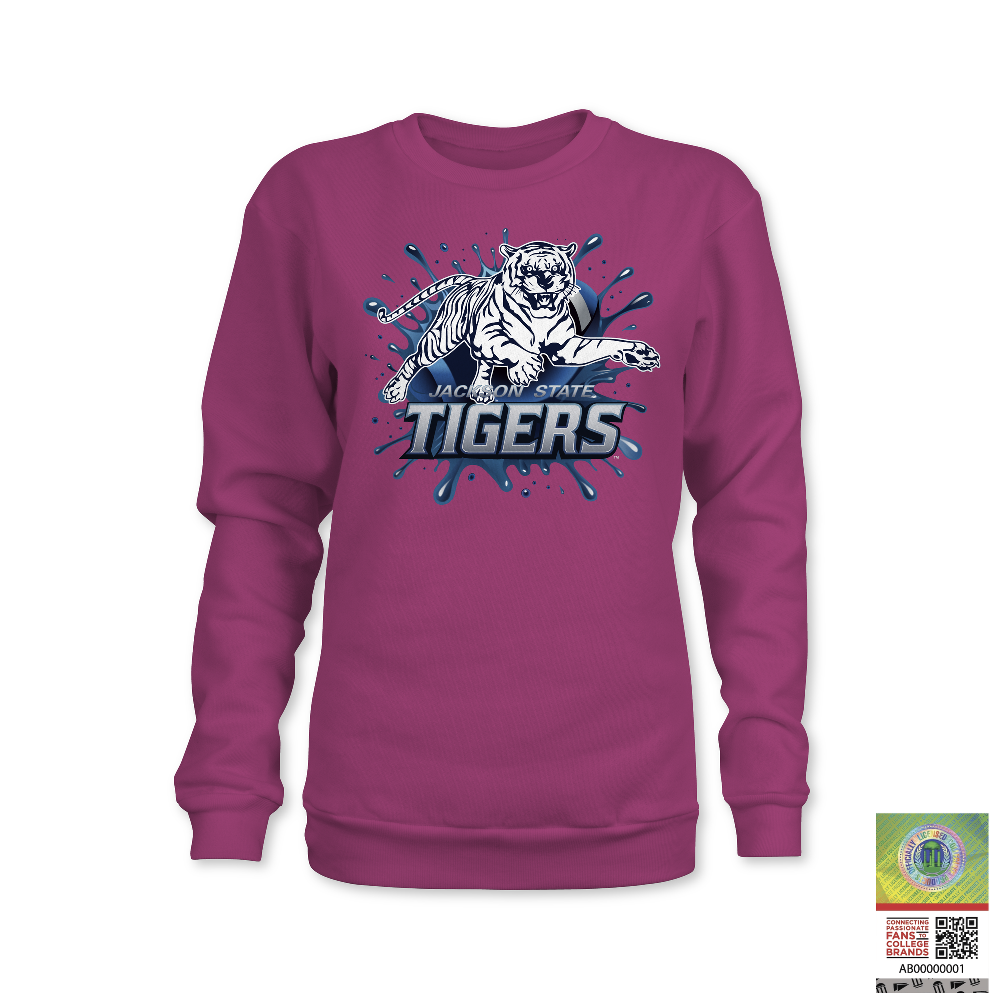 Burgundy crewneck sweatshirt with blue Tigers tiger mascot graphic