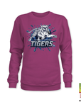 Burgundy crewneck sweatshirt with blue Tigers tiger mascot graphic