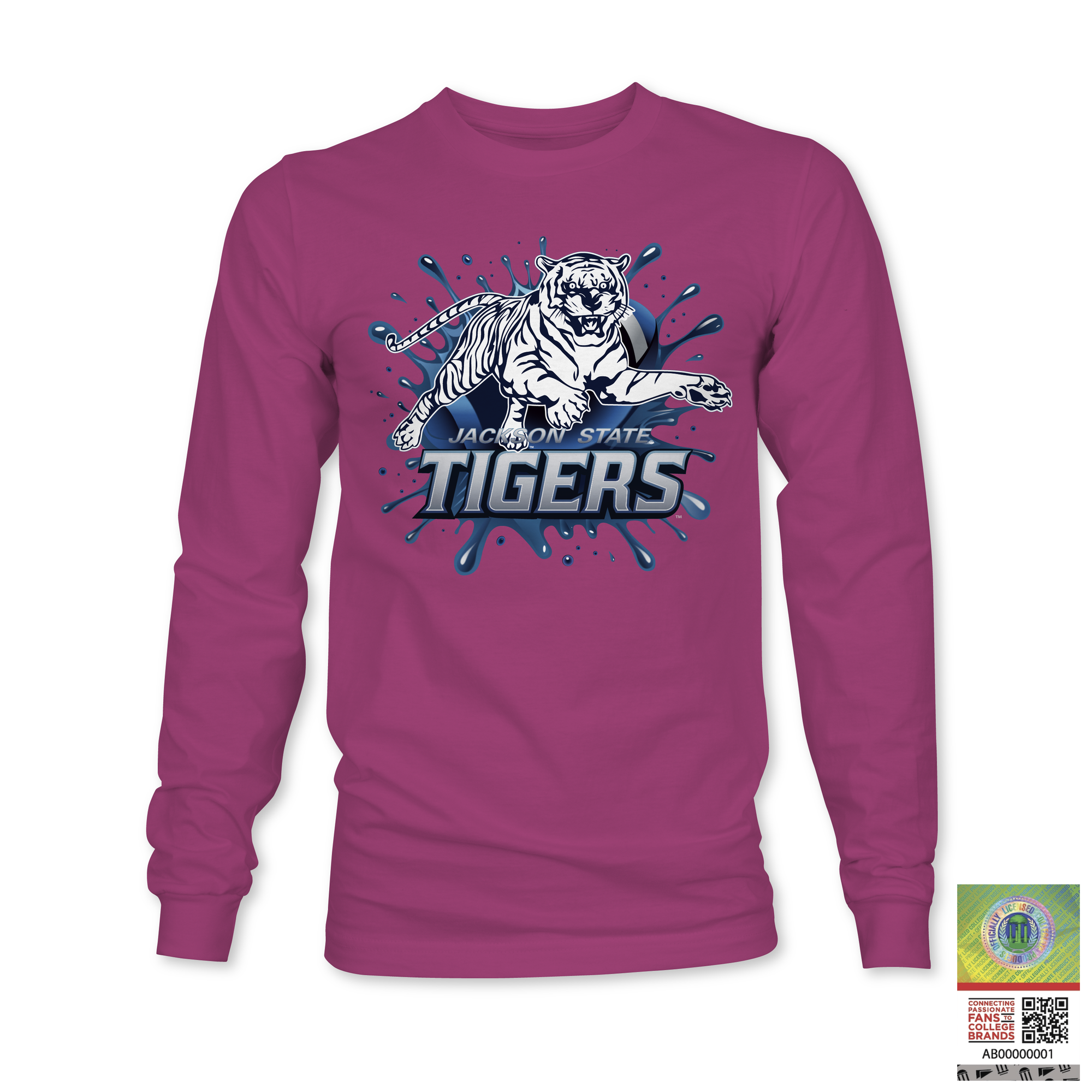 Magenta/pink long sleeve T-shirt with blue tiger “TIGERS” logo graphic