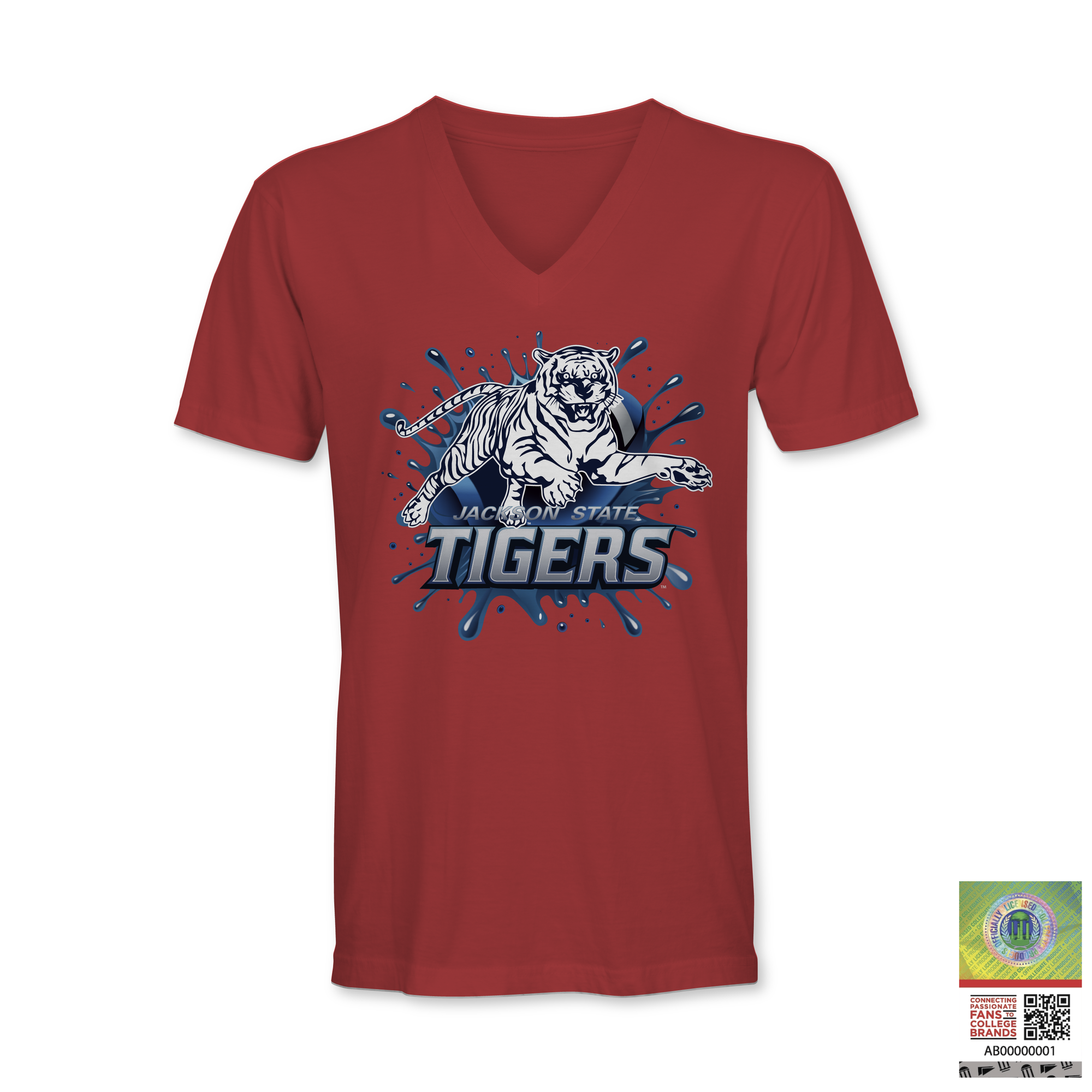 Red V-neck t-shirt with blue tiger logo and Jackson State Tigers graphic