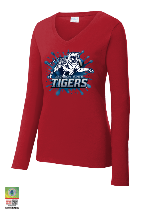 Red long sleeve v-neck T-shirt with blue Tiger logo