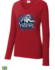 Red long sleeve v-neck T-shirt with blue Tiger logo