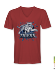 Red V-neck t-shirt with blue tiger logo and Jackson State Tigers graphic