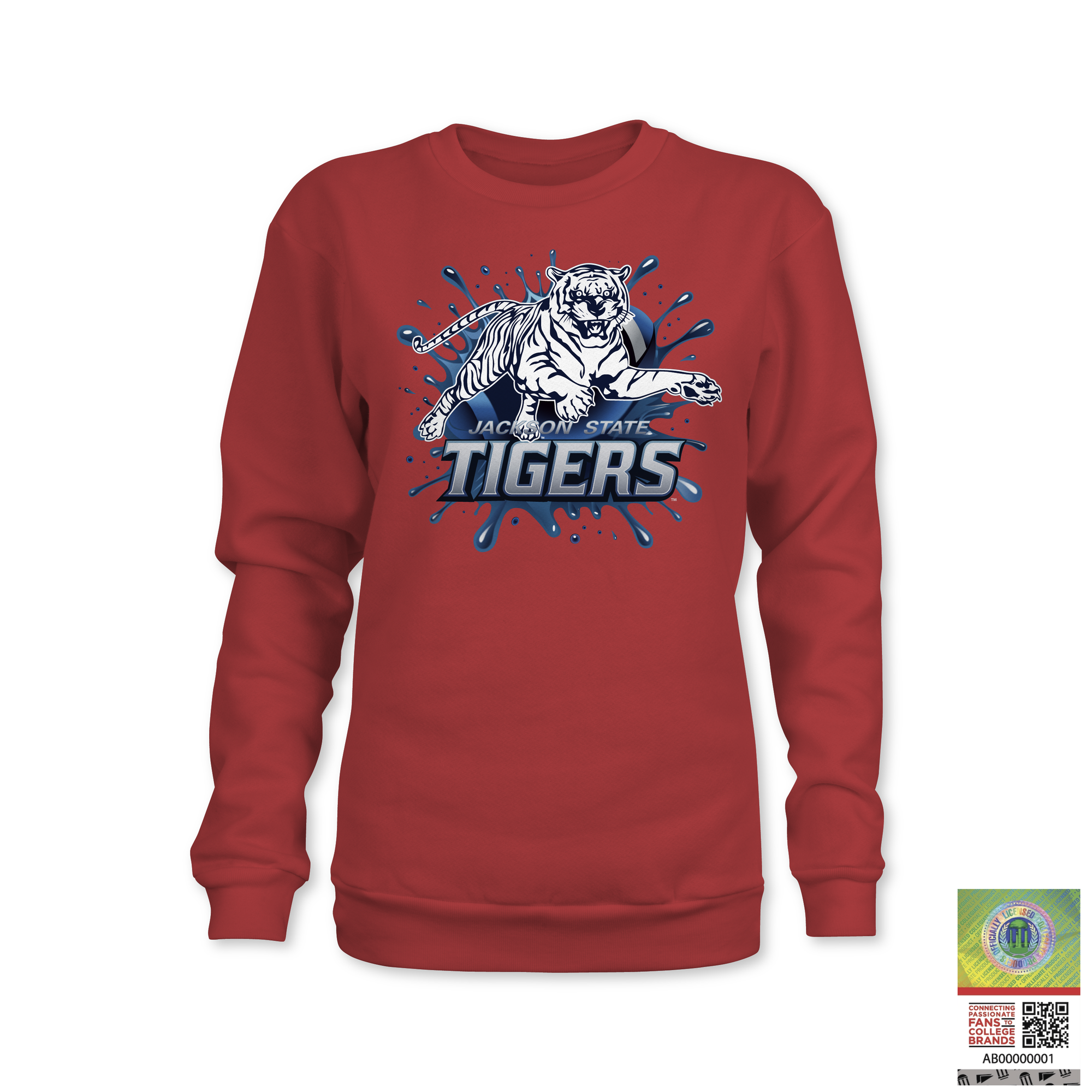 Red crewneck sweatshirt with blue Tigers tiger mascot graphic