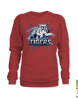 Red crewneck sweatshirt with blue Tigers tiger mascot graphic