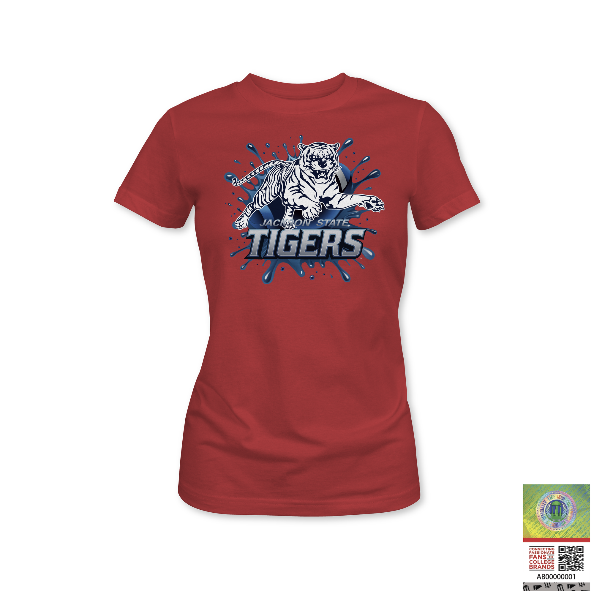 Red Jackson State Tigers short-sleeve T-shirt with blue splash graphic