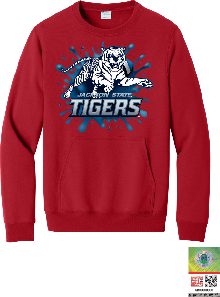 Red crewneck sweatshirt with front pouch pocket and blue Tiger graphic
