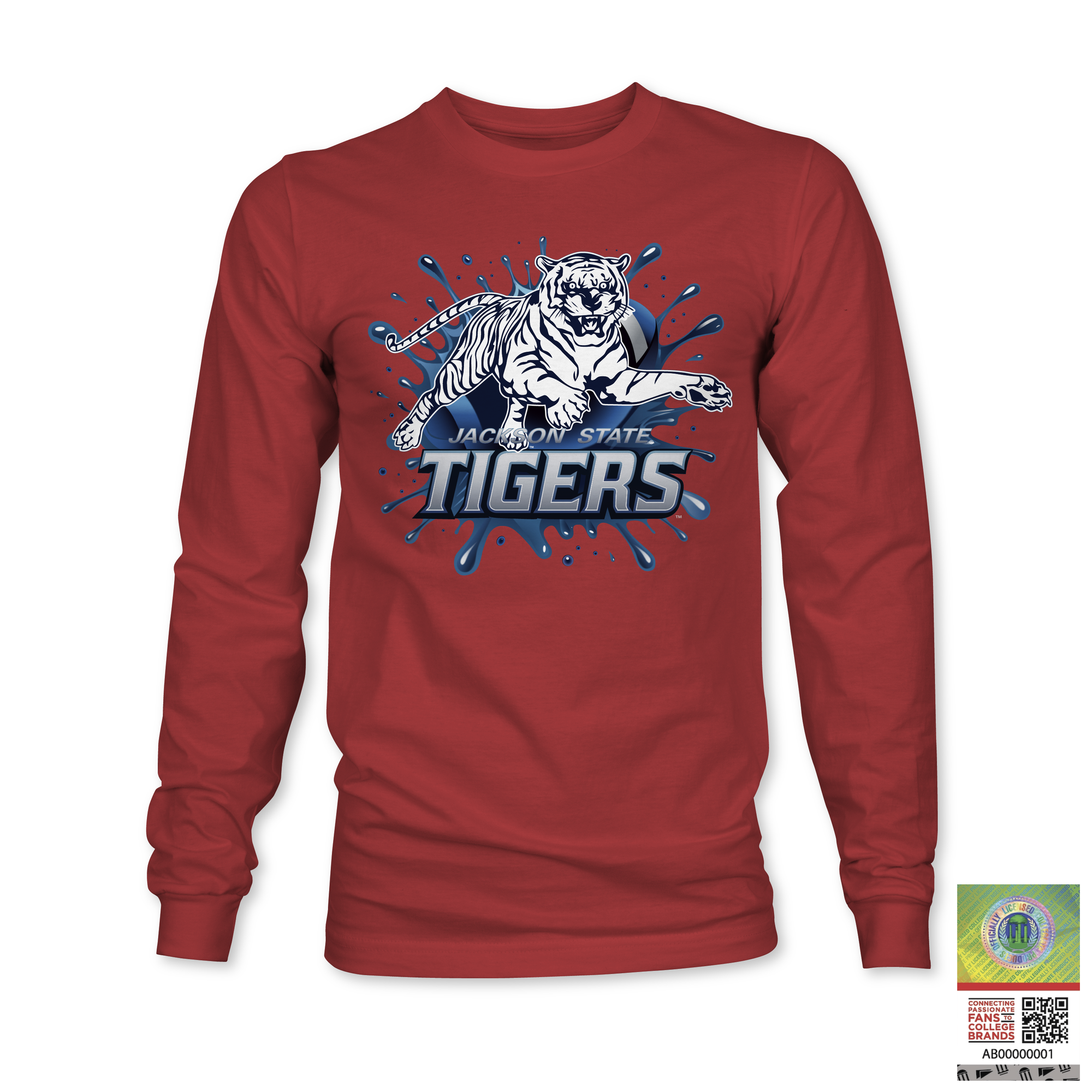 Red long sleeve T-shirt with blue tiger “TIGERS” logo graphic