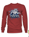 Red long sleeve T-shirt with blue tiger “TIGERS” logo graphic