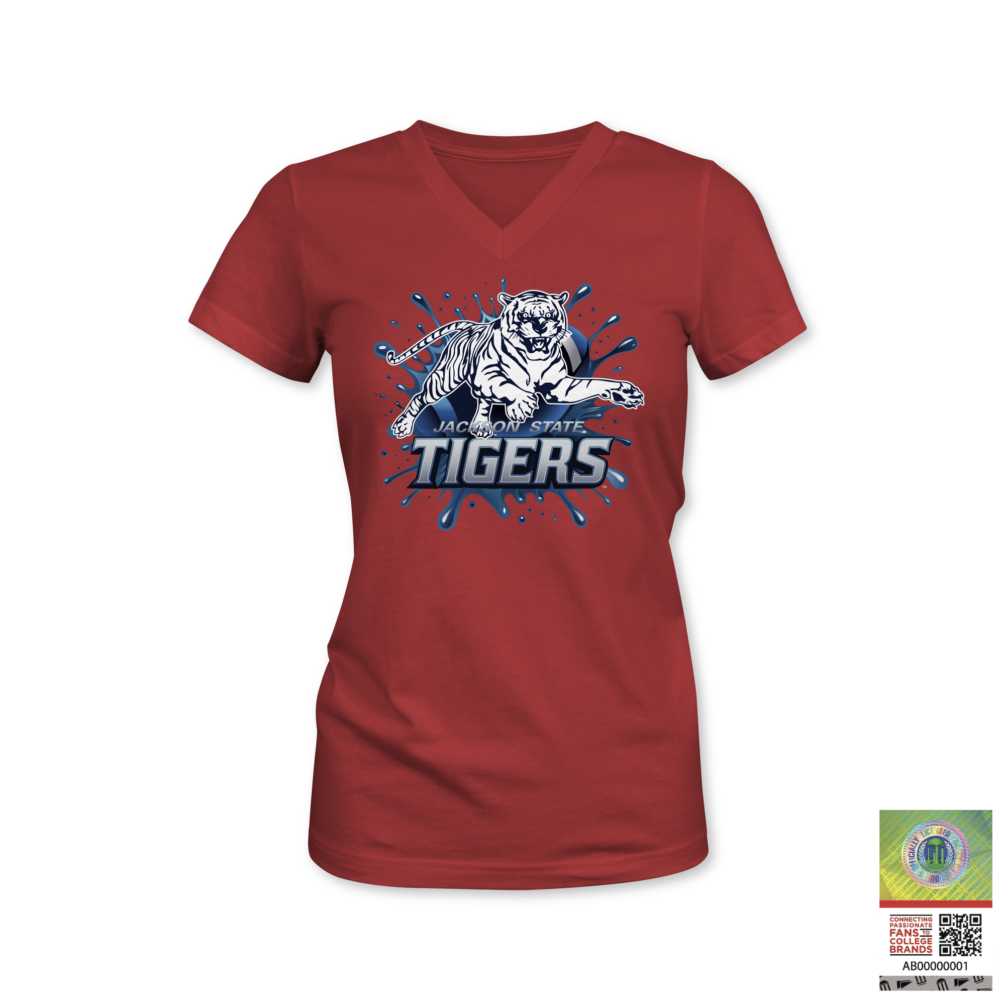 V-neck t-shirt in red with Tiger mascot graphic and “TIGERS” logo on chest