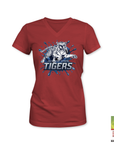 V-neck t-shirt in red with Tiger mascot graphic and “TIGERS” logo on chest