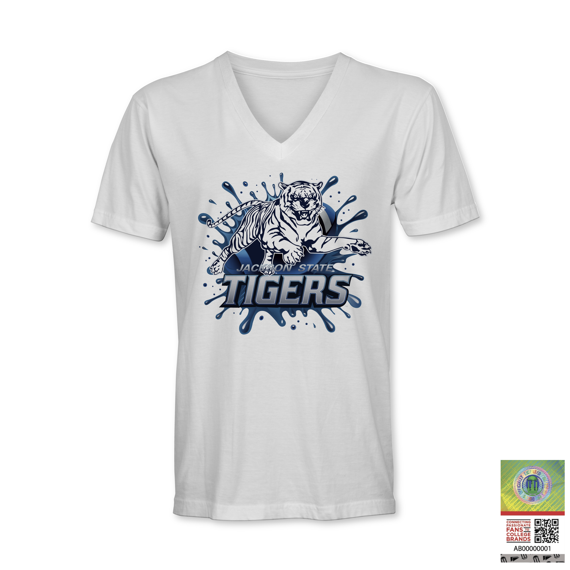 White V-neck short sleeve T-shirt with blue tiger “TIGERS” logo graphic