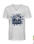 White V-neck short sleeve T-shirt with blue tiger “TIGERS” logo graphic