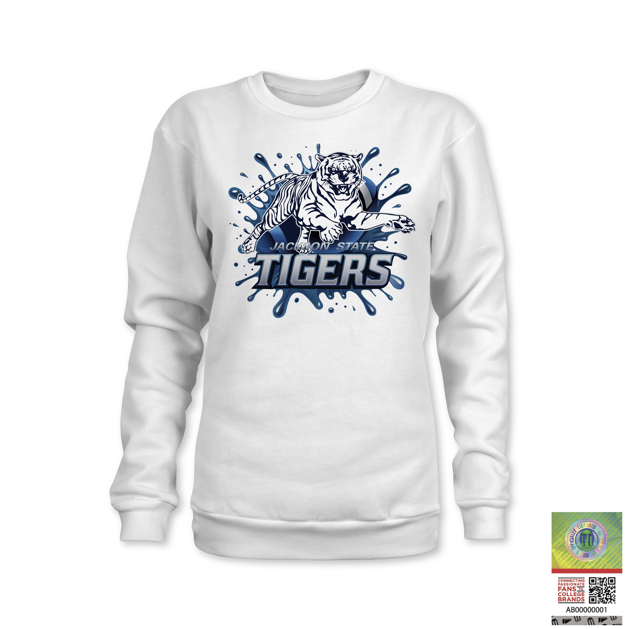 White crewneck sweatshirt with blue Tigers tiger mascot graphic