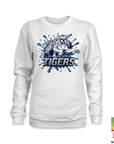White crewneck sweatshirt with blue Tigers tiger mascot graphic