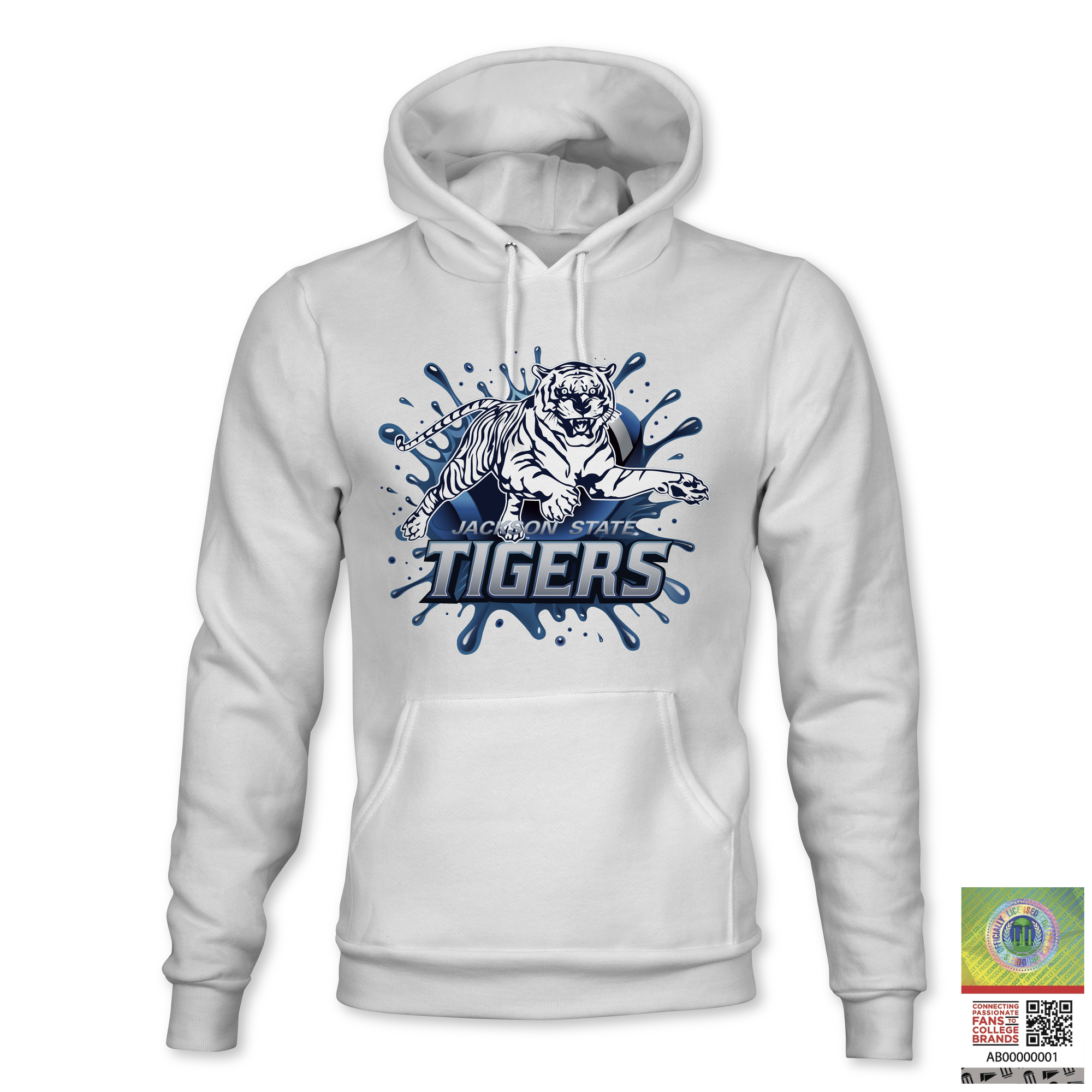 White pullover hoodie with blue Tigers tiger mascot graphic