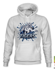 White pullover hoodie with blue Tigers tiger mascot graphic