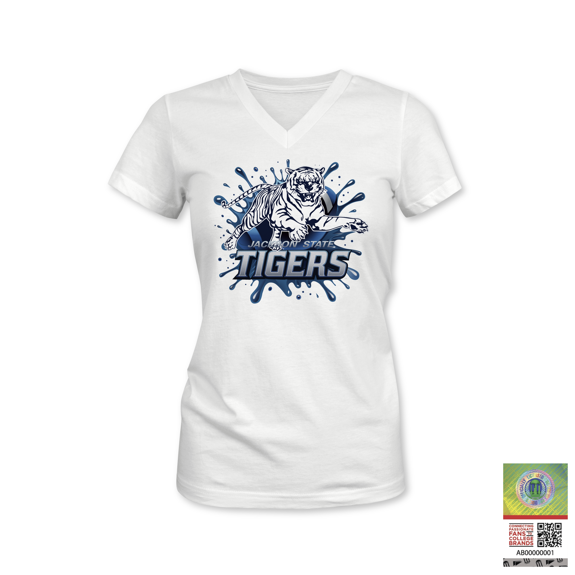 V-neck t-shirt in white with Tiger mascot graphic and “TIGERS” logo on chest