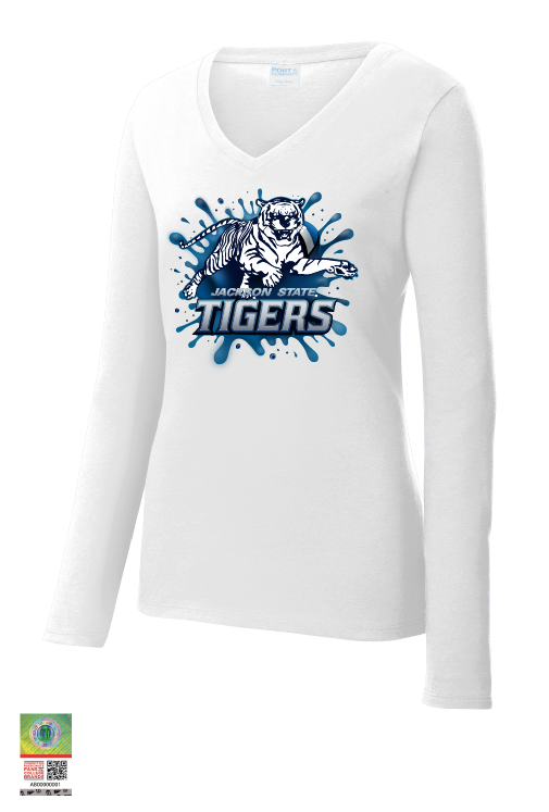 White long sleeve v-neck T-shirt with blue Tiger logo