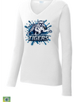 White long sleeve v-neck T-shirt with blue Tiger logo