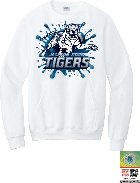 White crewneck sweatshirt with front pouch pocket and blue Tiger graphic