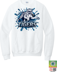 White crewneck sweatshirt with front pouch pocket and blue Tiger graphic