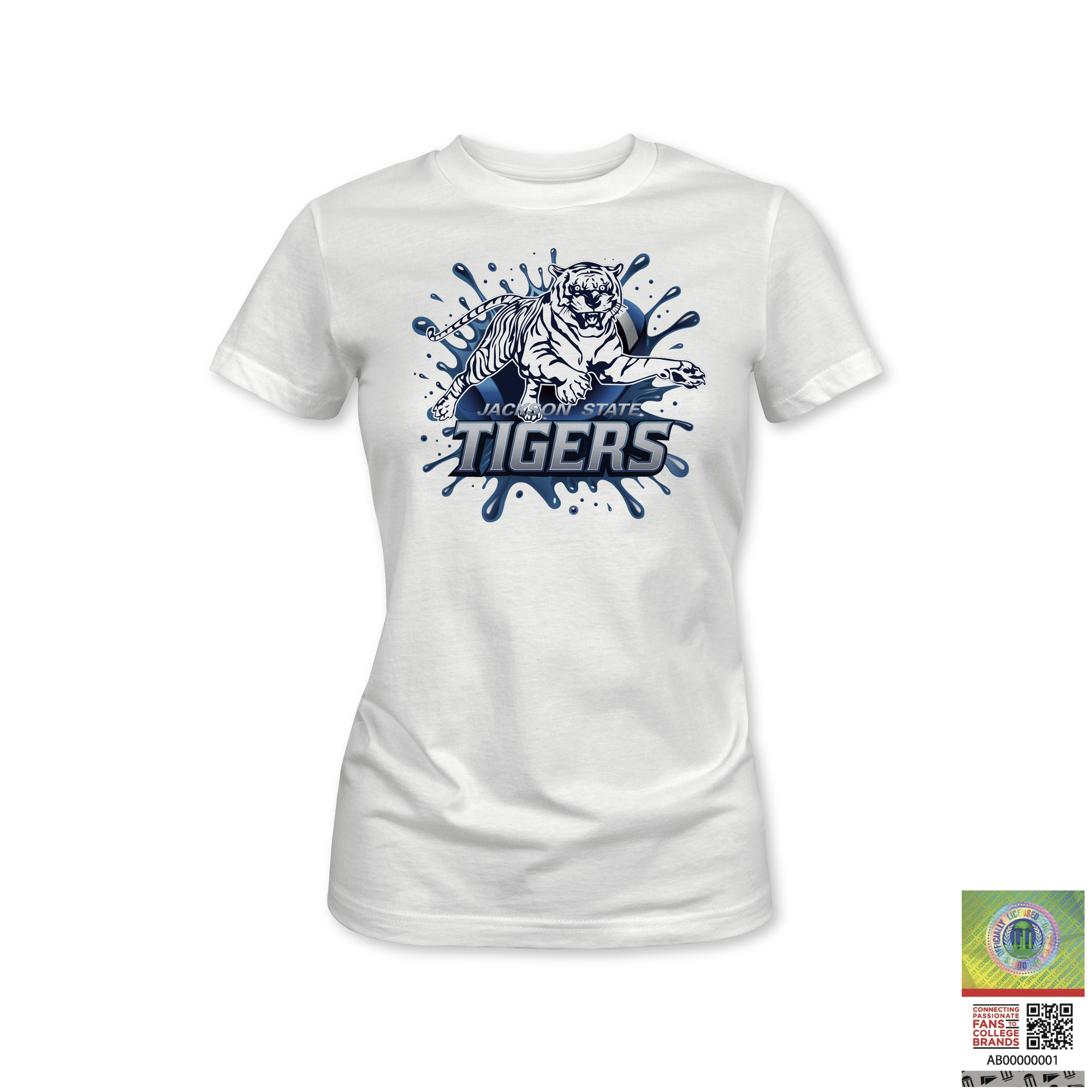 White Jackson State Tigers short-sleeve T-shirt with blue splash graphic