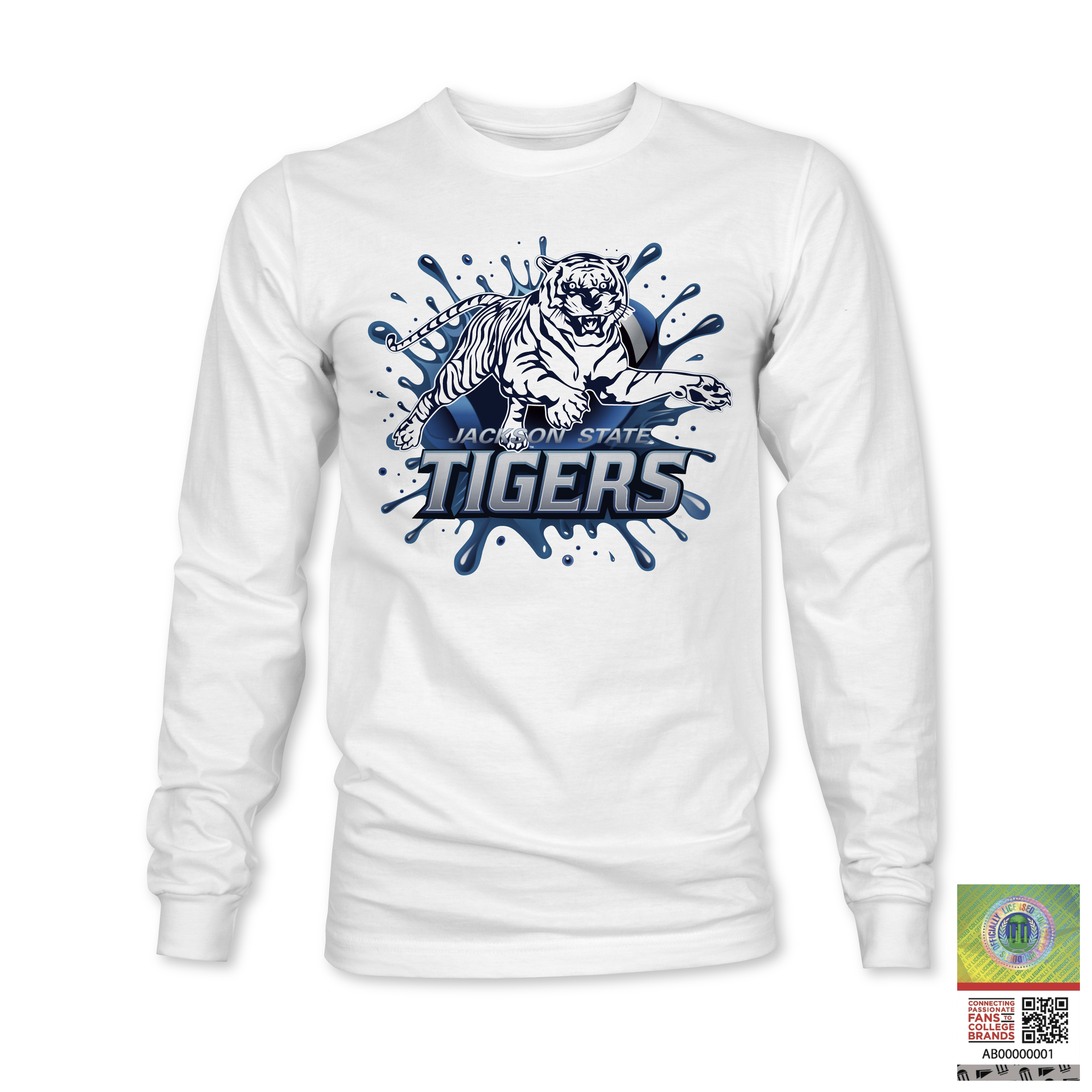 White long sleeve T-shirt with blue tiger “TIGERS” logo graphic