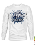 White long sleeve T-shirt with blue tiger “TIGERS” logo graphic
