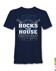 Navy unisex crewneck T-shirt with JSU Rocks the House front graphic