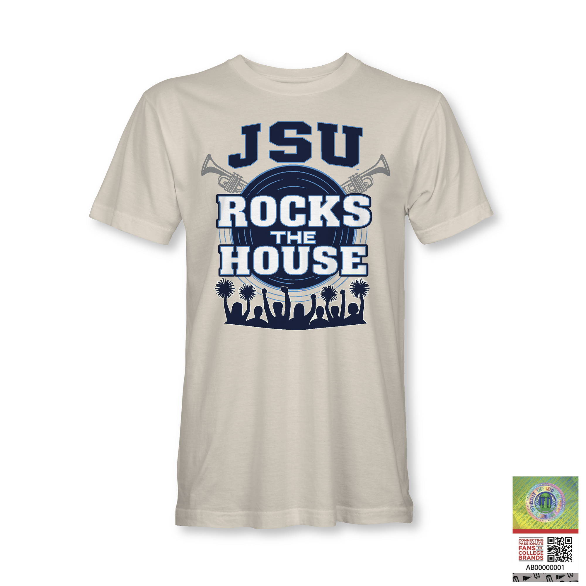 Cream unisex crewneck T-shirt with JSU Rocks the House front graphic