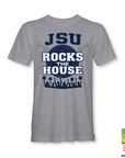 Unisex crewneck t-shirt in heather gray with JSU Rocks the House front graphic