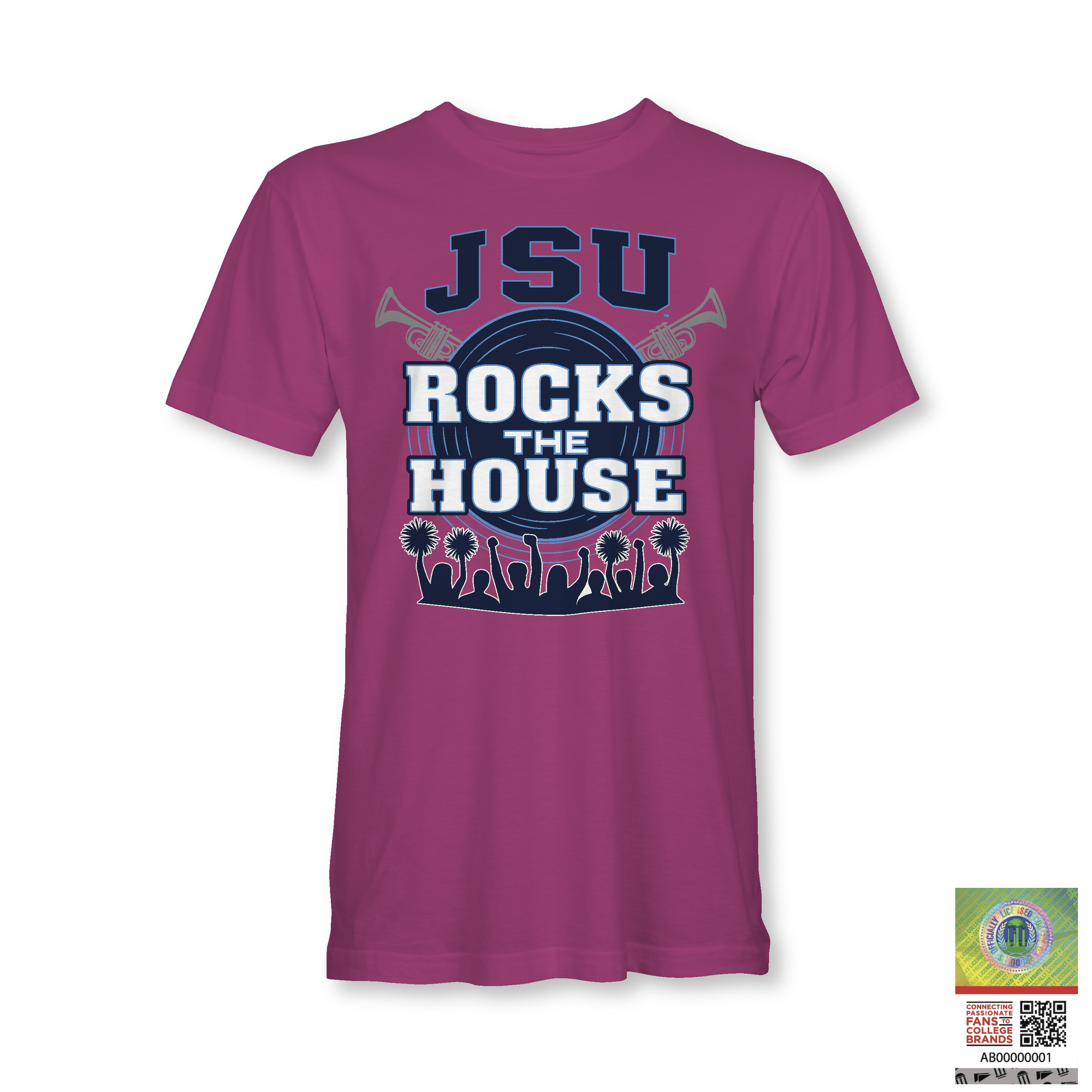 Purple unisex crewneck T-shirt with JSU Rocks the House front graphic