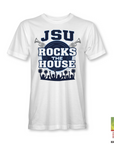 White unisex crewneck T-shirt with JSU Rocks the House front graphic