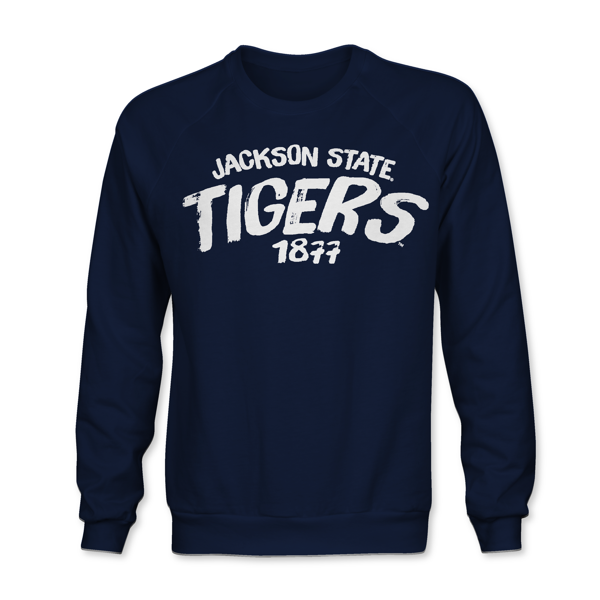Navy blue sweatshirt with 'Jackson State Tigers 1877' text on a white background