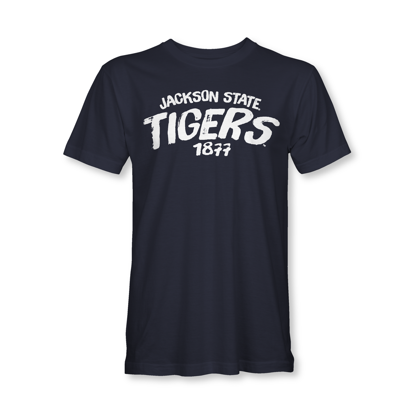 Navy blue t-shirt with 'Jackson State Tigers 1877' text on a white background