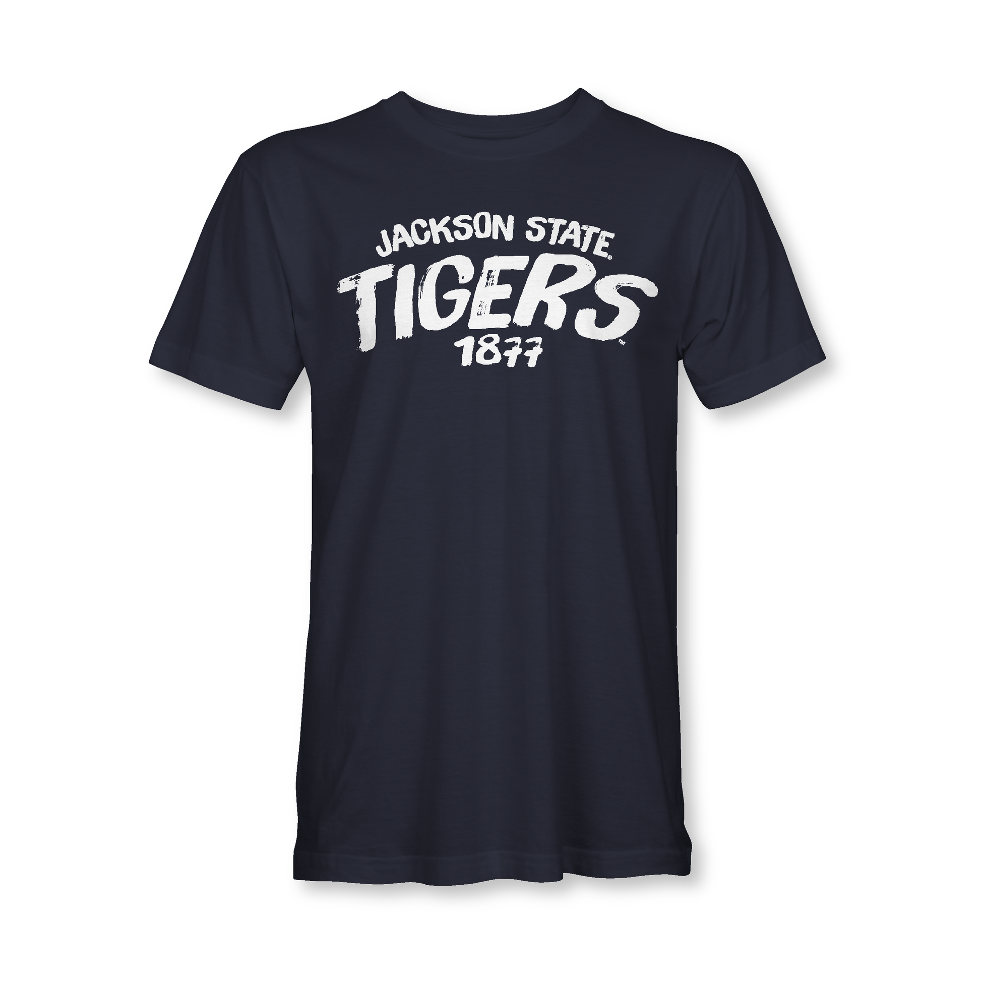 Navy blue t-shirt with 'Jackson State Tigers 1877' text on a white background