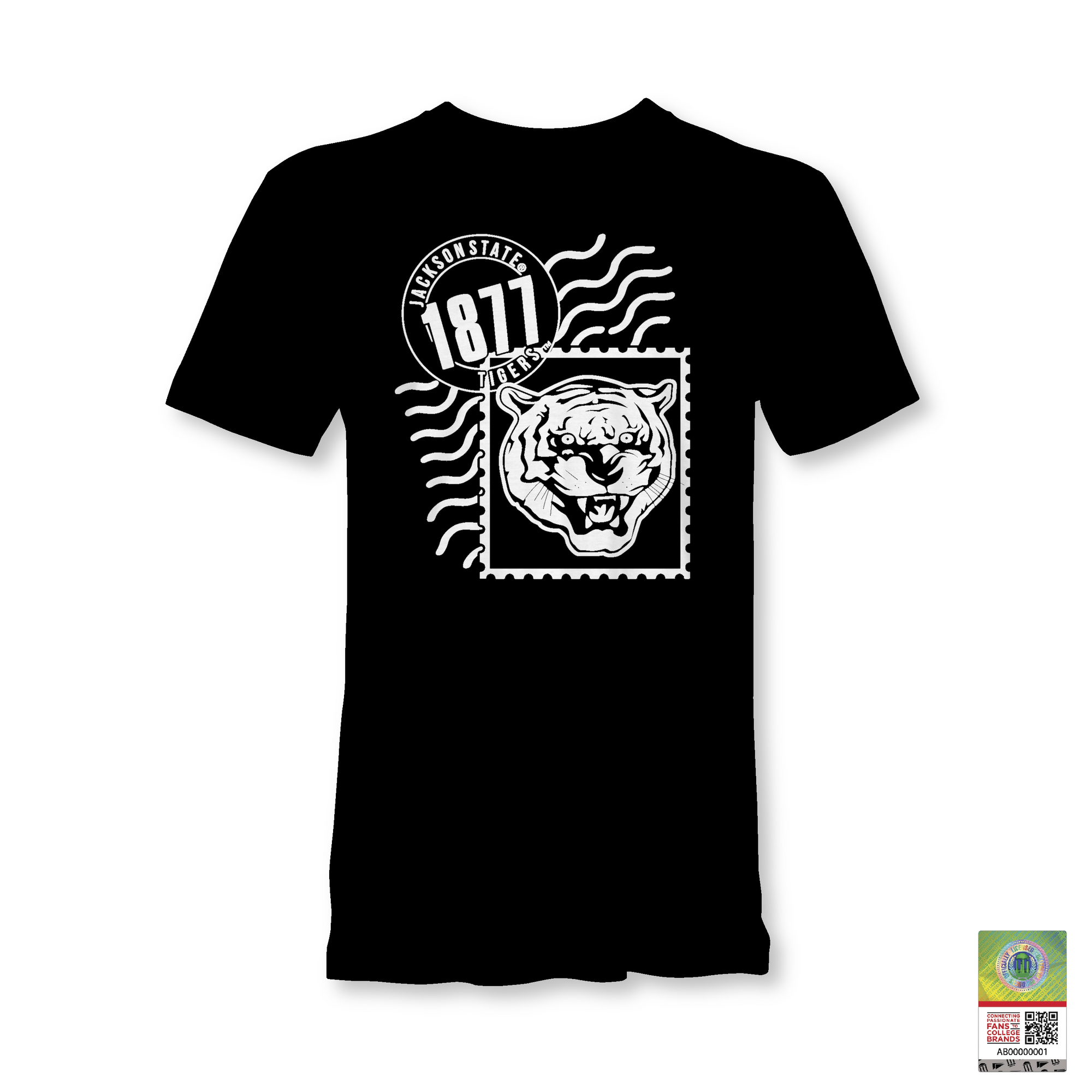 Black unisex crewneck T-shirt with Tigergram face, 1871 badge, and wave stripes print