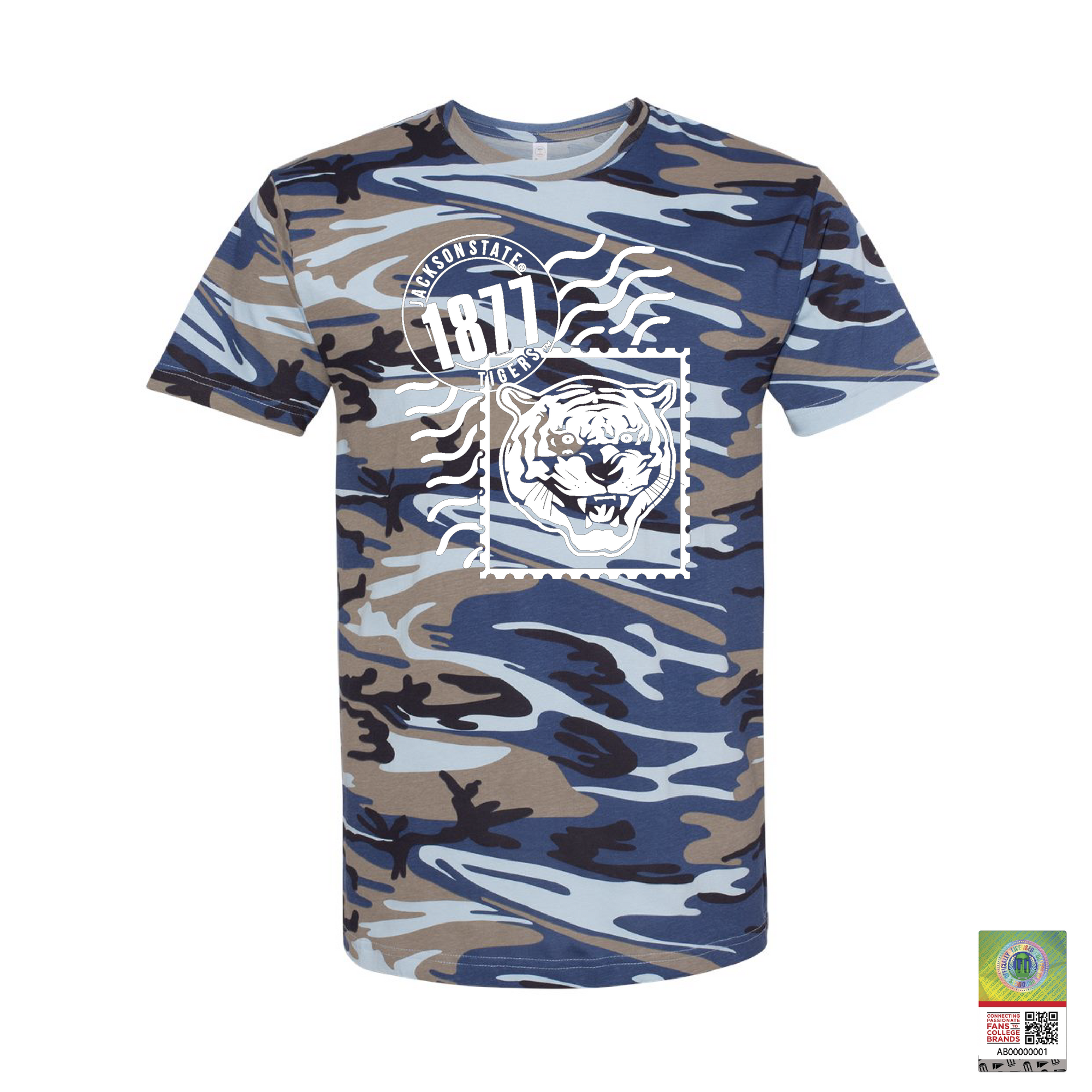 Blue woodland camo unisex crewneck T-shirt with Tigergram face and 1871 badge graphic