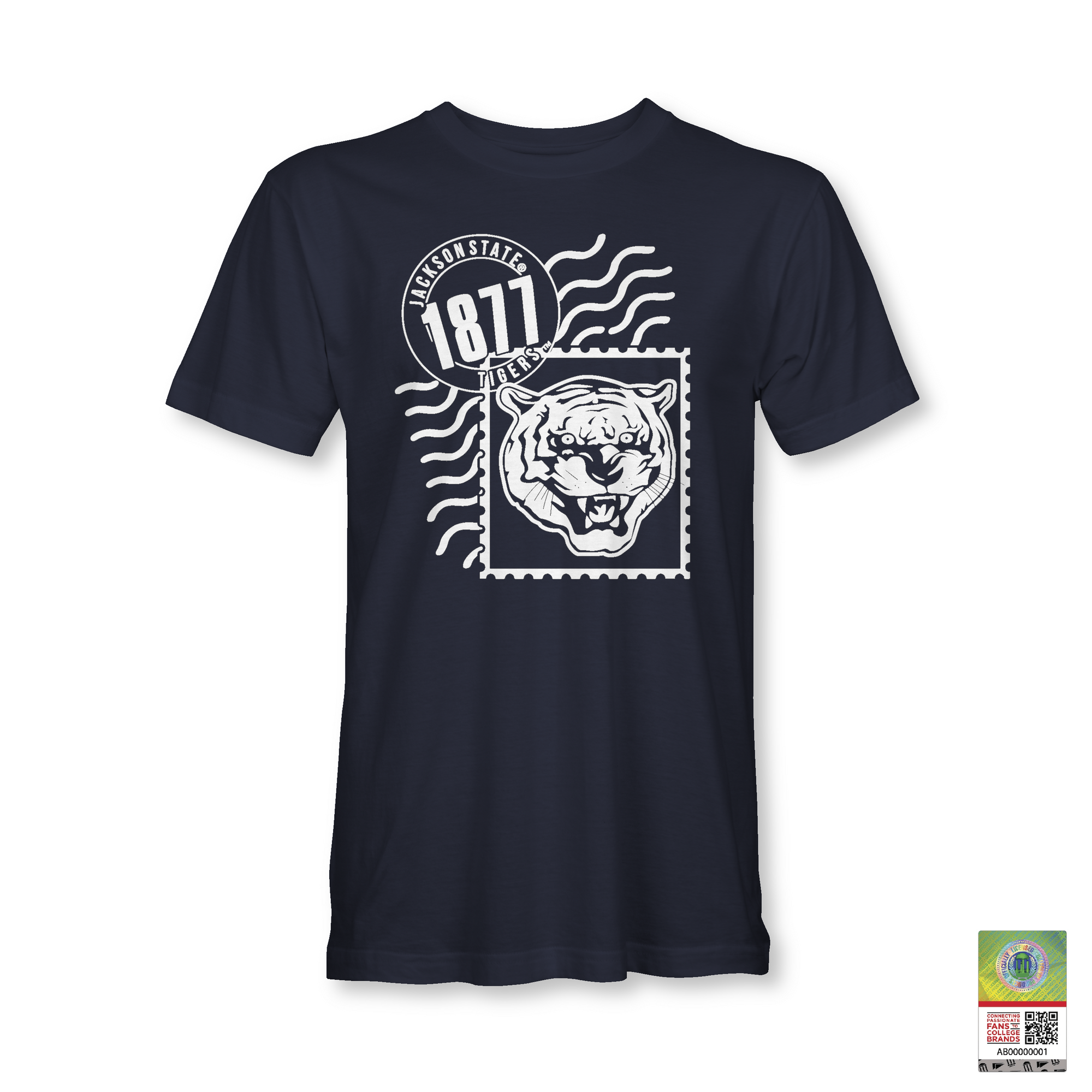 Navy unisex crewneck T-shirt with Tigergram face, 1871 badge, and wave stripes print