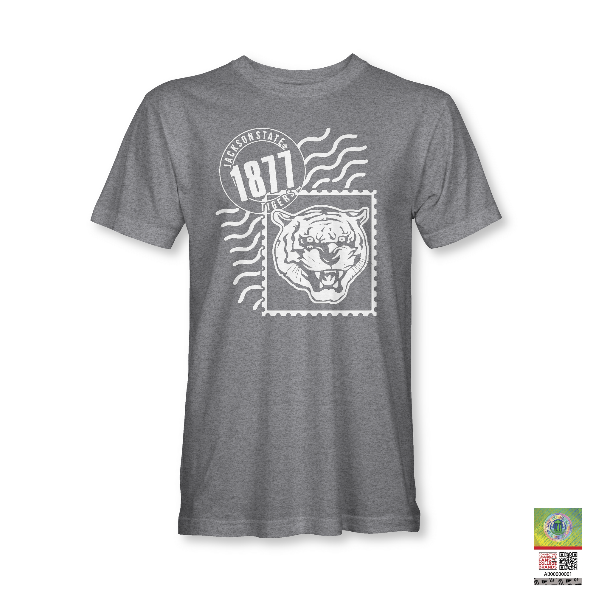 Heather gray unisex crewneck T-shirt with Tigergram face, 1871 badge, and wave stripes print