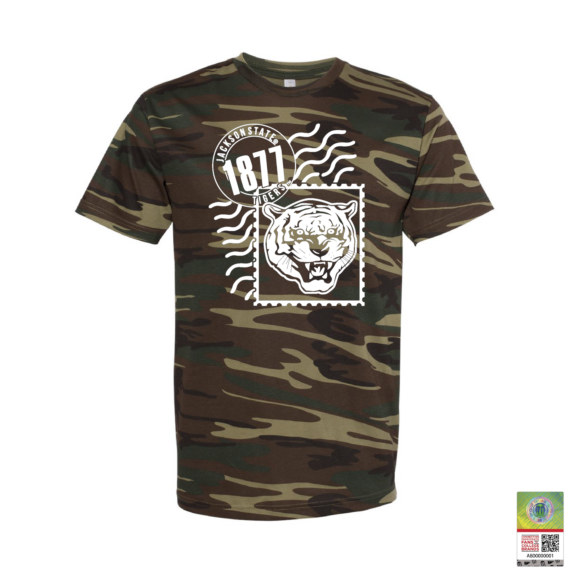 Green woodland camo unisex crewneck T-shirt with Tigergram face and 1871 badge graphic
